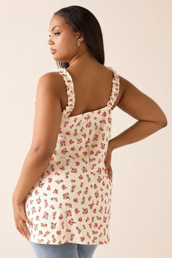 Büyük Beden Çiçek Desenli Bürümcük Kumaş Kare Yaka Kolsuz Bluz 322688 Vervegrand