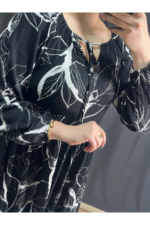 Büyük Beden Önü Bağlamalı Desenli Uzun Kollu Midi Elbise 302741 Vervegrand