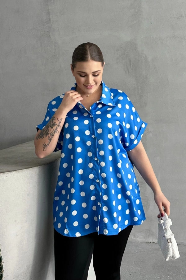 Büyük Beden Önü Düğmeli Kısa Kollu Puantiye Desenli Gömlek 303462 Vervegrand