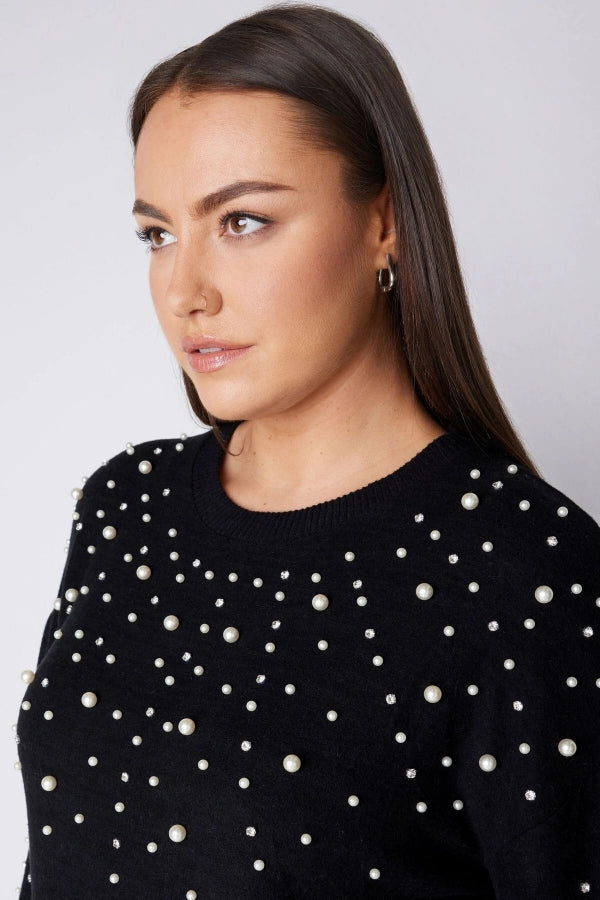 Büyük Beden Bisiklet Yaka Balon Kol İnci İşlemeli Triko Elbise 615159 Vervegrand