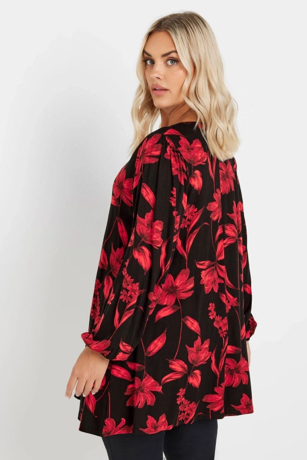 Büyük Beden Uzun Kollu V Yaka Önü Pileli Çiçek Desenli Bluz 303721 Vervegrand