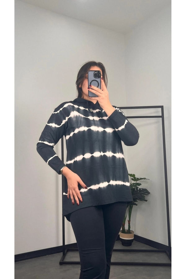 Vervegrand büyük beden siyah beyaz çizgili kapüşonlu sweatshirt