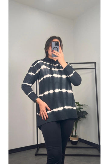 Vervegrand büyük beden siyah beyaz çizgili kapüşonlu sweatshirt