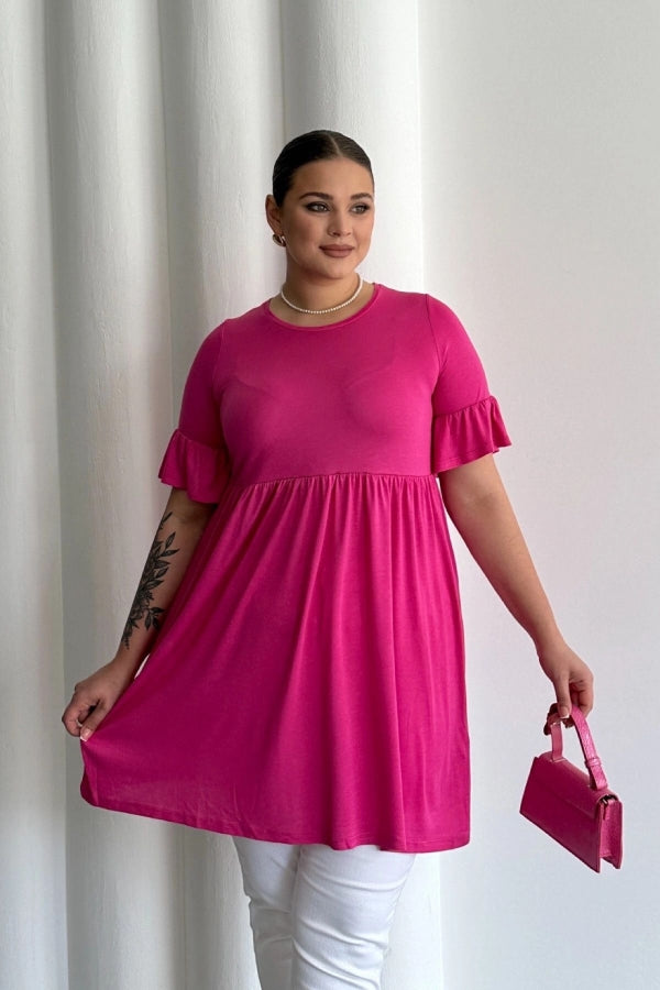 Büyük Beden Kol Detaylı Beli Lastikli Pileli Tunik T-shirt T41 Vervegrand