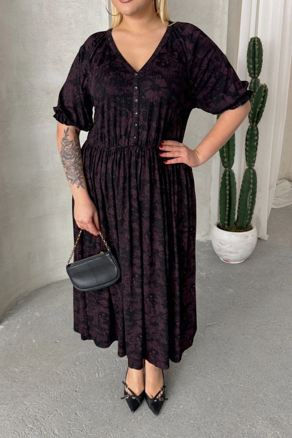 Büyük Beden Kısa Kollu V Yaka Önü Düğmeli Beli Lastikli Elbise 303699 Vervegrand