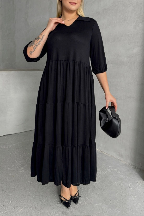 Büyük Beden V Yaka Yarım Kollu Beli Lastikli Uzun Elbise 302150 Vervegrand