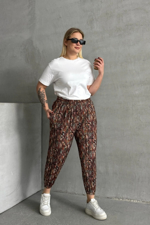 Büyük Beden Beli ve Paçası Lastikli Desenli Cepli Pantolon 74-77 Vervegrand