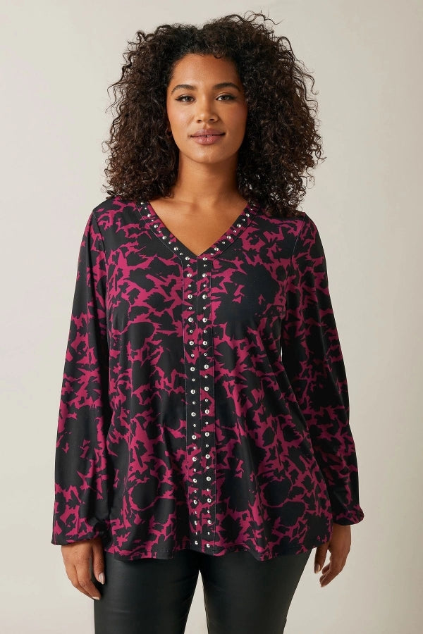 Büyük Beden V Yaka Uzun Kollu Taş Detaylı Desenli Bluz 615713 Vervegrand