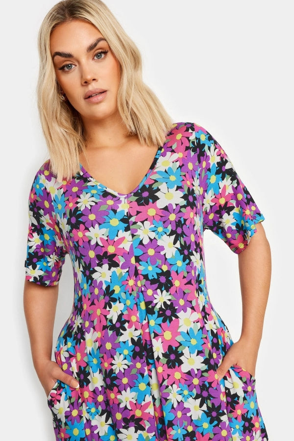 Büyük Beden V Yaka Desenli Kısa Kollu Cepli Uzun Elbise 137863 Vervegrand