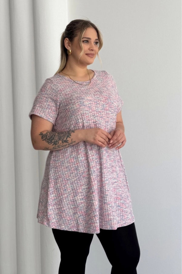 Büyük Beden Bisiklet Yaka Kısa Kollu Fitilli Kırçıllı Bluz 101-29 Vervegrand