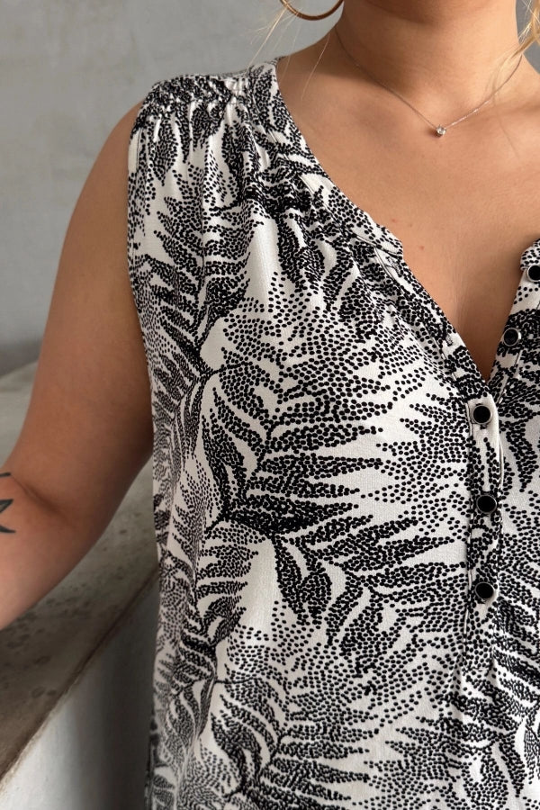 Büyük Beden Sıfır Kol Desenli V Yaka Önü Düğmeli Uzun Kesim Bluz 35047 Vervegrand