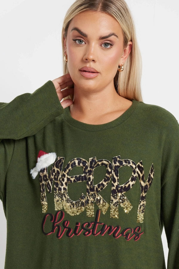 Büyük Beden Merry Christmas Baskılı Leopar Desenli Sweatshirt