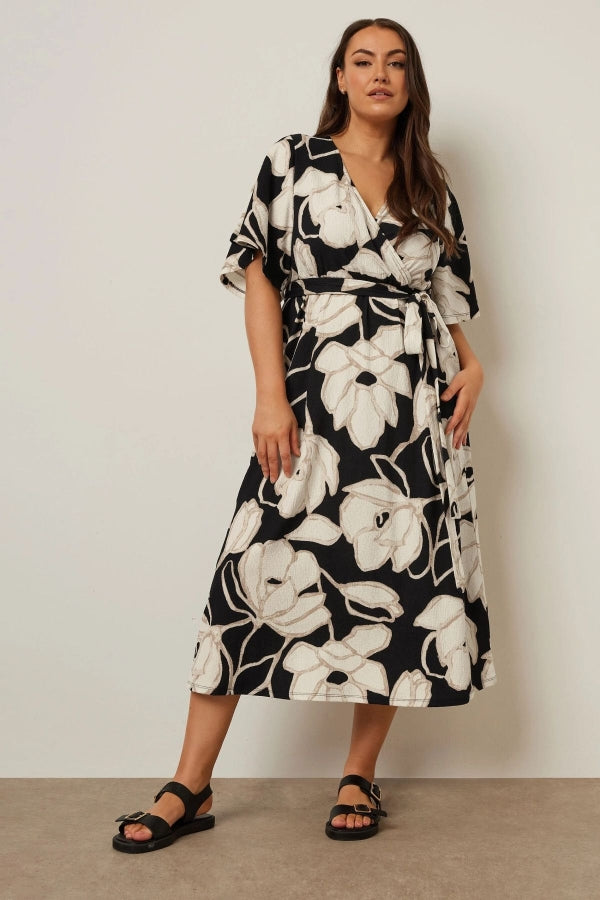 Büyük Beden V Yaka Kısa Kollu Önü Bağlamalı Anvelop Midi Elbise 304069 Vervegrand