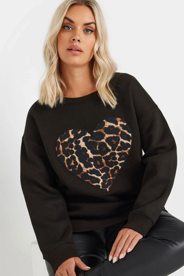 Büyük Beden Uzun Kollu Bisiklet Yaka Leopar Kalp Baskılı Sweatshirt 303752 Vervegrand