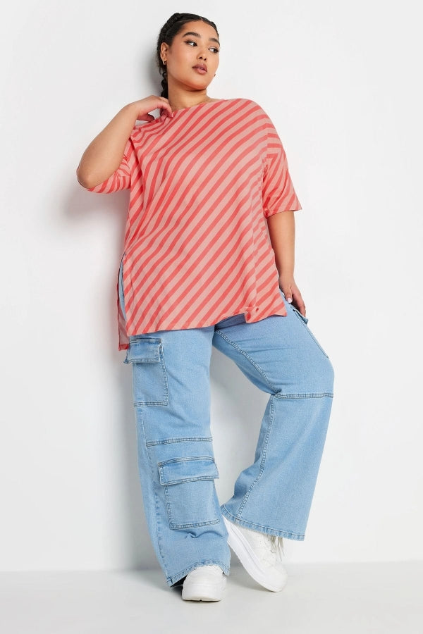 Büyük Beden Bisiklet Yaka Kısa Kollu Yırtmaç Detaylı T-shirt 303127 Vervegrand