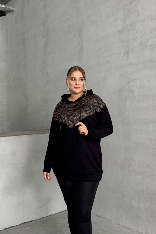 Büyük Beden Uzun Kollu Kapüşonlu Kapitone Detaylı Sweatshirt 300319 Vervegrand