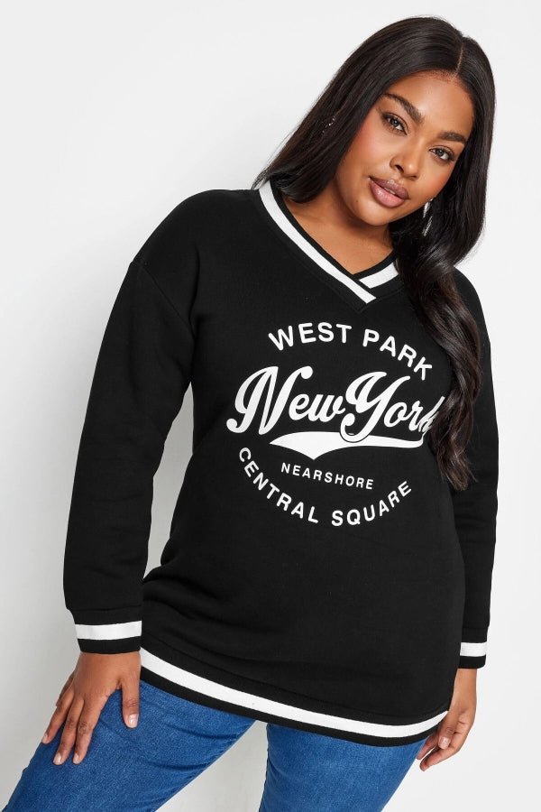 Vervegrand büyük beden V yaka baskılı siyah sweatshirt ön görünüm