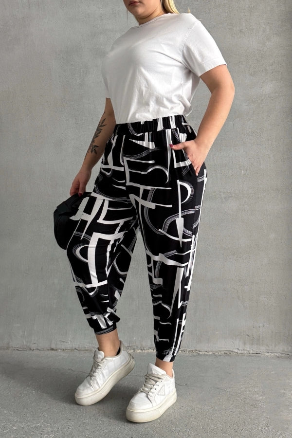 Büyük Beden Beli ve Paçası Lastikli Desenli Cepli Pantolon 98-4 Vervegrand