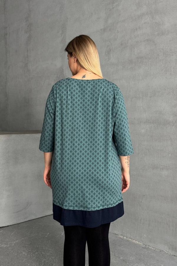 Büyük Beden Bisiklet Yaka Fakir Kol Yırtmaçlı Desenli Bluz 300400 Vervegrand