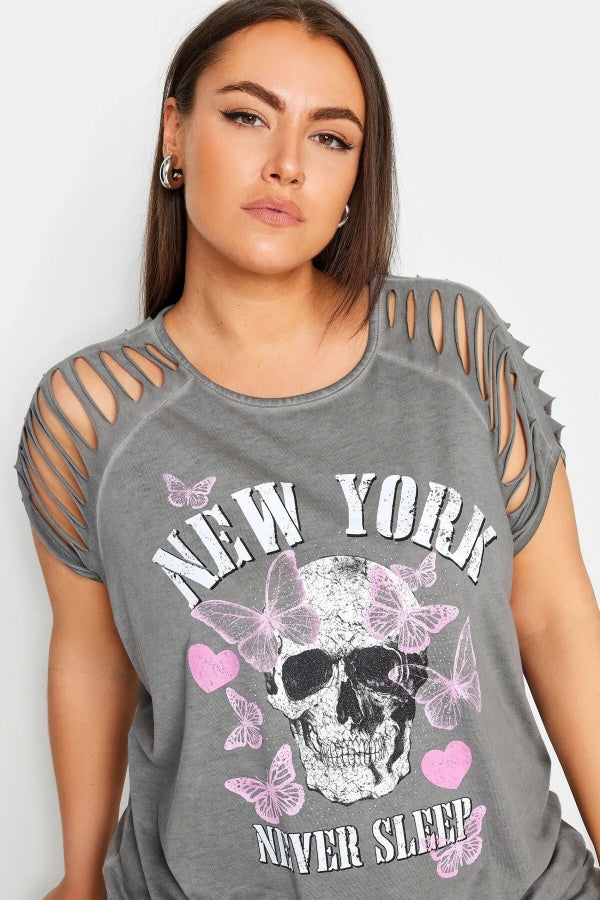 Büyük Beden Bisiklet Yaka Kol ve Omuz Detaylı Baskılı T-shirt 303138 Vervegrand