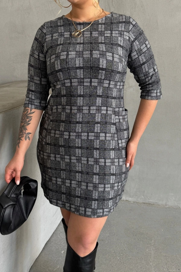 Büyük Beden Bisiklet Yaka Yarım Kollu Cepli Desenli Elbise 301507 Vervegrand