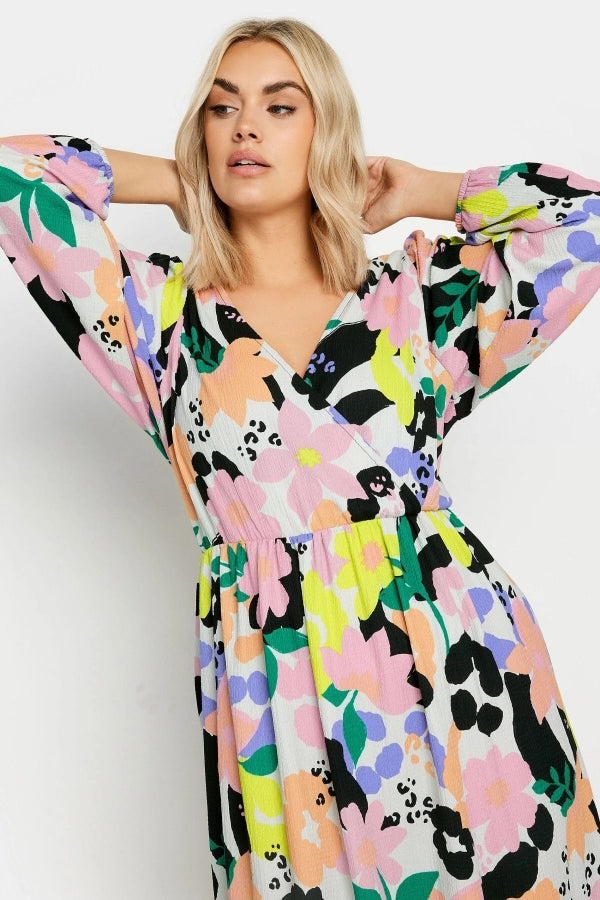 Büyük Beden V Yaka Kolları Lastikli Desenli Midi Boy Anvelop Elbise Vervegrand