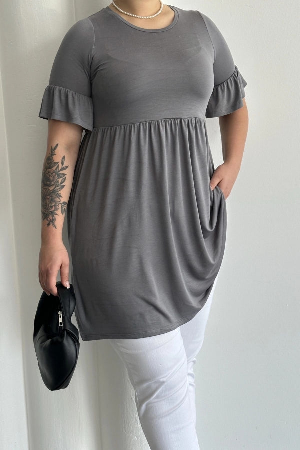 Büyük Beden Kol Detaylı Beli Lastikli Pileli Tunik T-shirt T43 Vervegrand