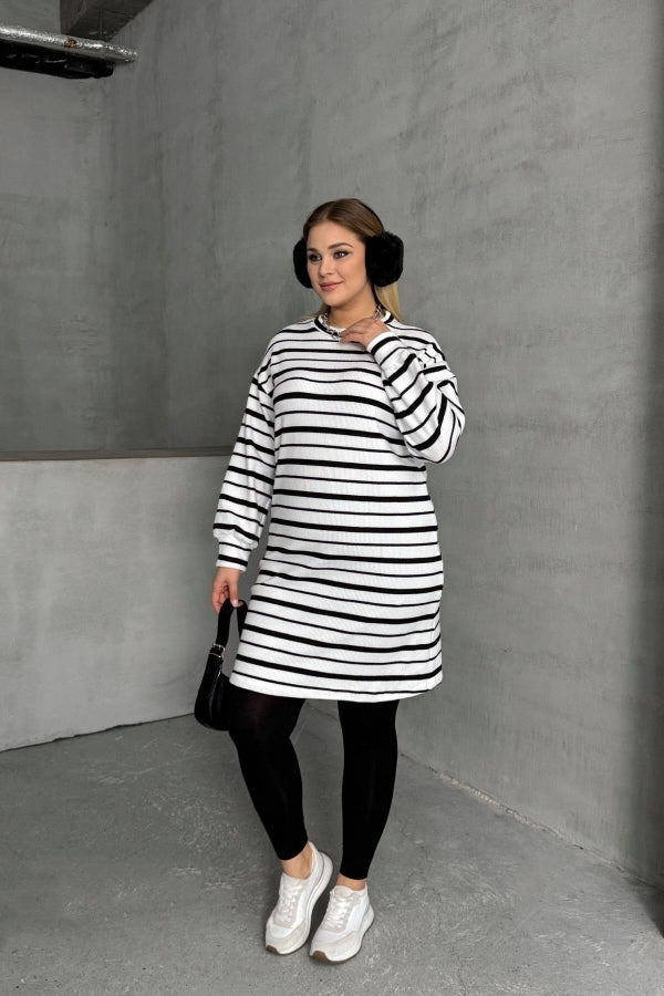 Büyük Beden Bisiklet Yaka Uzun Kollu Bileği Lastikli Çizgili Elbise 303062 Vervegrand