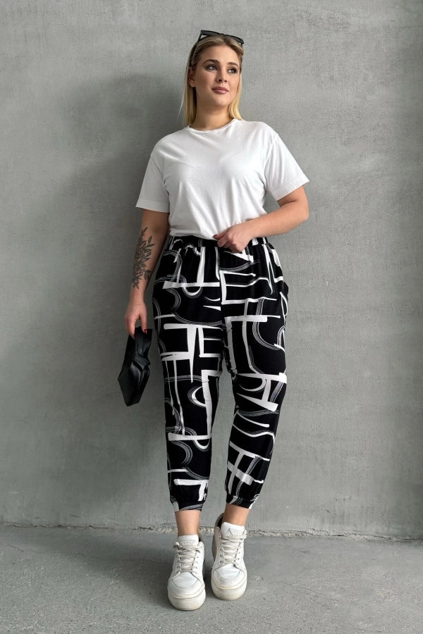 Büyük Beden Beli ve Paçası Lastikli Desenli Cepli Pantolon 98-4 Vervegrand