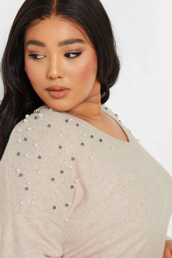 Büyük Beden V Yaka Uzun Kollu Omzu Boncuk İşlemeli Kazak 322301 Vervegrand