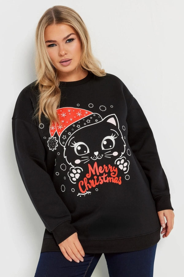 Vervegrand büyük beden siyah yılbaşı temalı kedi baskılı sweatshirt