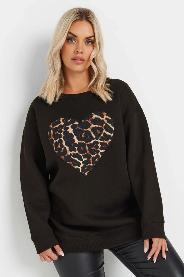 Büyük Beden Uzun Kollu Bisiklet Yaka Leopar Kalp Baskılı Sweatshirt 303752 Vervegrand
