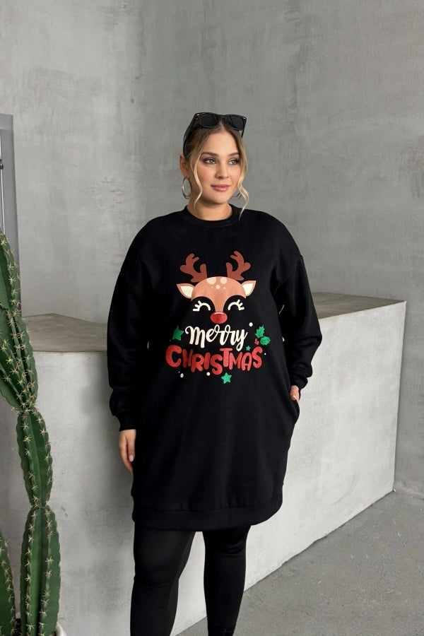 Büyük Beden Yılbaşı Temalı Bisiklet Yaka Uzun Kollu Cepli Sweatshirt Elbise 303827 Vervegrand