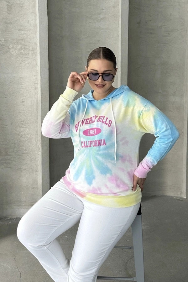 Büyük Beden Batik Desenli Kapüşonlu Baskılı İnce Sweatshirt 303144 Vervegrand