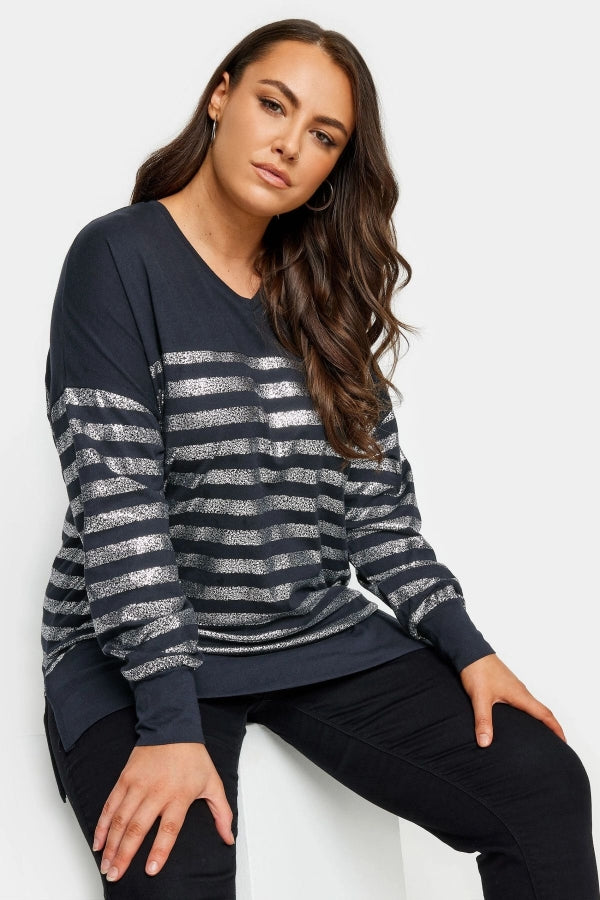 Büyük Beden V Yaka Uzun Kollu Metalik Çizgili Sweatshirt 302790 Vervegrand