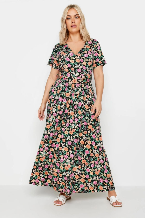 Büyük Beden V Yaka Kısa Kollu Kuşaklı Desenli Uzun Elbise 137822 Vervegrand