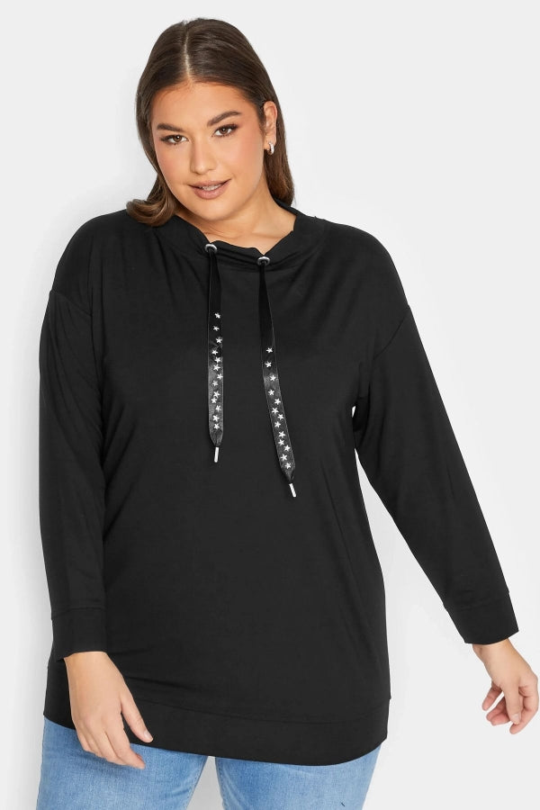Vervegrand büyük beden siyah yıldız işlemeli sweatshirt önden görünüm