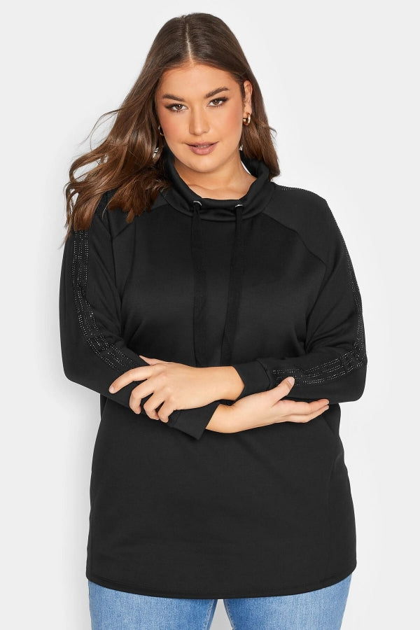 Vervegrand büyük beden siyah bağcıklı yaka sweatshirt ön görünüm