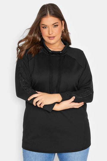 Vervegrand büyük beden siyah bağcıklı yaka sweatshirt ön görünüm