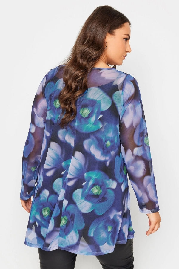 Büyük Beden Bisiklet Yaka Çiçek Desenli Uzun Kollu Tül Bluz 216068 Vervegrand