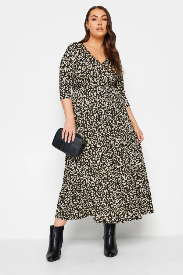 Büyük Beden Leopar Desenli Beli Kuşaklı Kruvaze Yaka Uzun Elbise 302693 Vervegrand