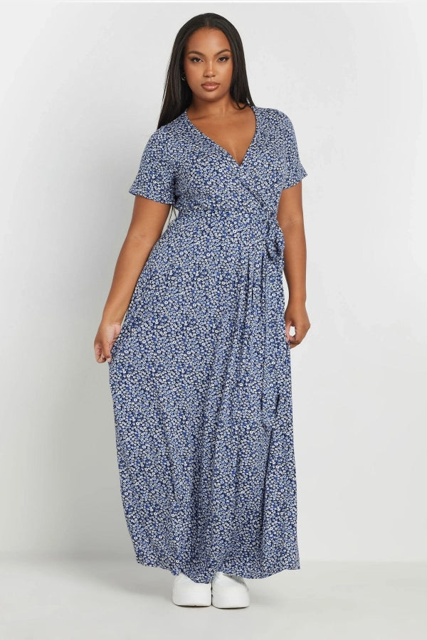 Büyük Beden V Yaka Kısa Kollu Önü Kuşaklı Maxi Elbise 303506 Vervegrand