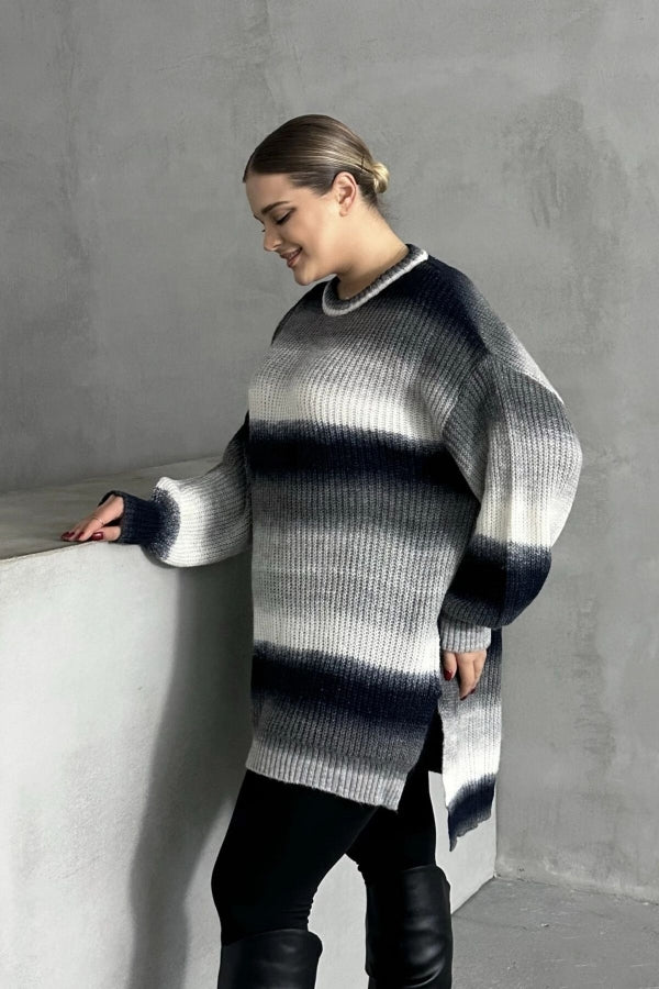 Büyük Beden Uzun Kollu Bisiklet Yaka Renk Bloklu Yırtmaçlı Triko Kazak 302345 Vervegrand