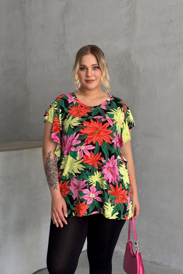 Büyük Beden Bisiklet Yaka Kolları Fırfır Detaylı Çiçek Desenli Bluz 1060 Vervegrand