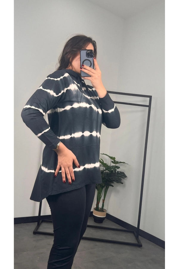 Büyük Beden Uzun Kollu Arkası Uzun Baskılı Kapüşonlu Sweatshirt 301588 Vervegrand