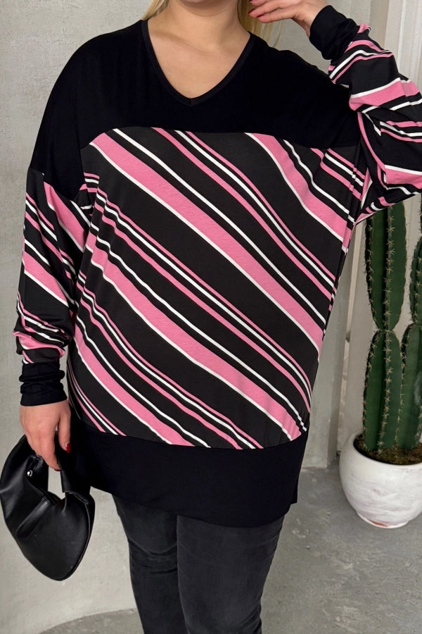 Büyük Beden V Yaka Uzun Kollu Bileği Lastikli Yırtmaçlı Bluz 303086 Vervegrand