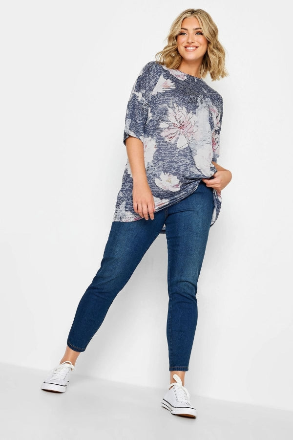 Büyük Beden Çiçek Baskılı Bisiklet Yaka Yarım Kollu T-shirt 302478 Vervegrand