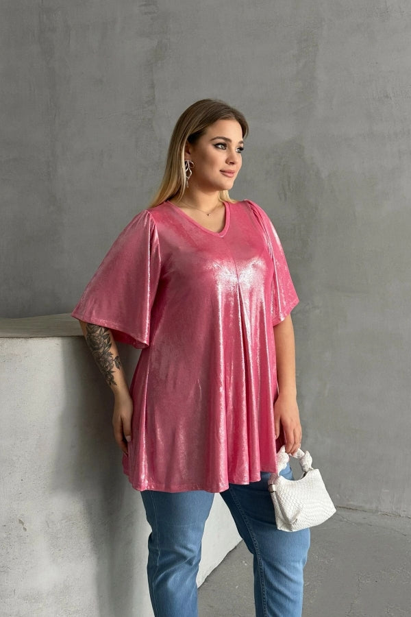 Büyük Beden V Yaka Kısa Kollu Parlak Görünümlü Bluz 303380 Vervegrand