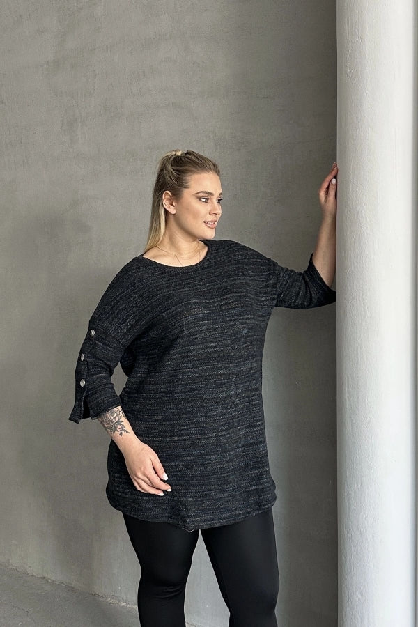 Büyük Beden Yarım Kollu Bisiklet Yaka Düğme Detaylı Kırçıllı Kazak 303691 Vervegrand