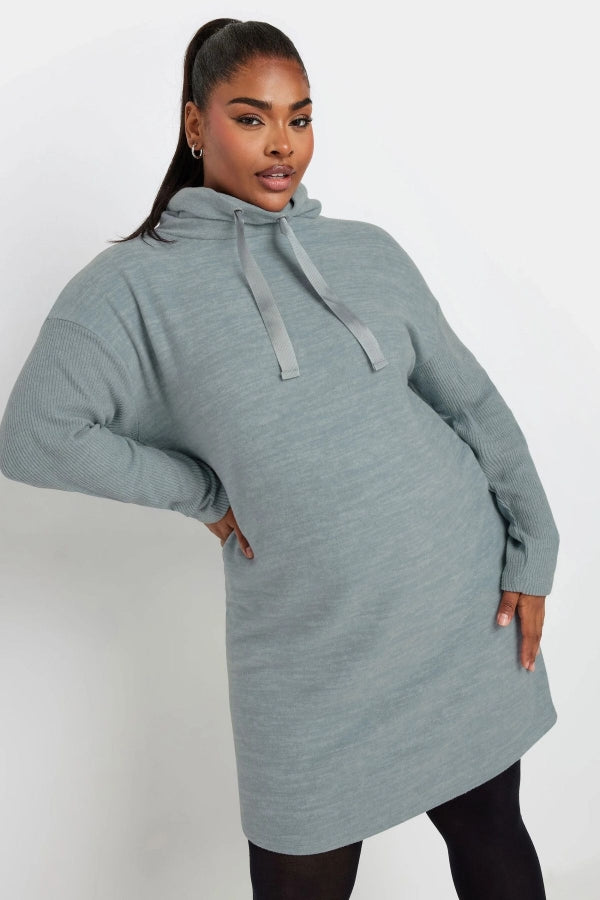 Çağla yeşili kapüşonlu büyük beden sweatshirt elbise